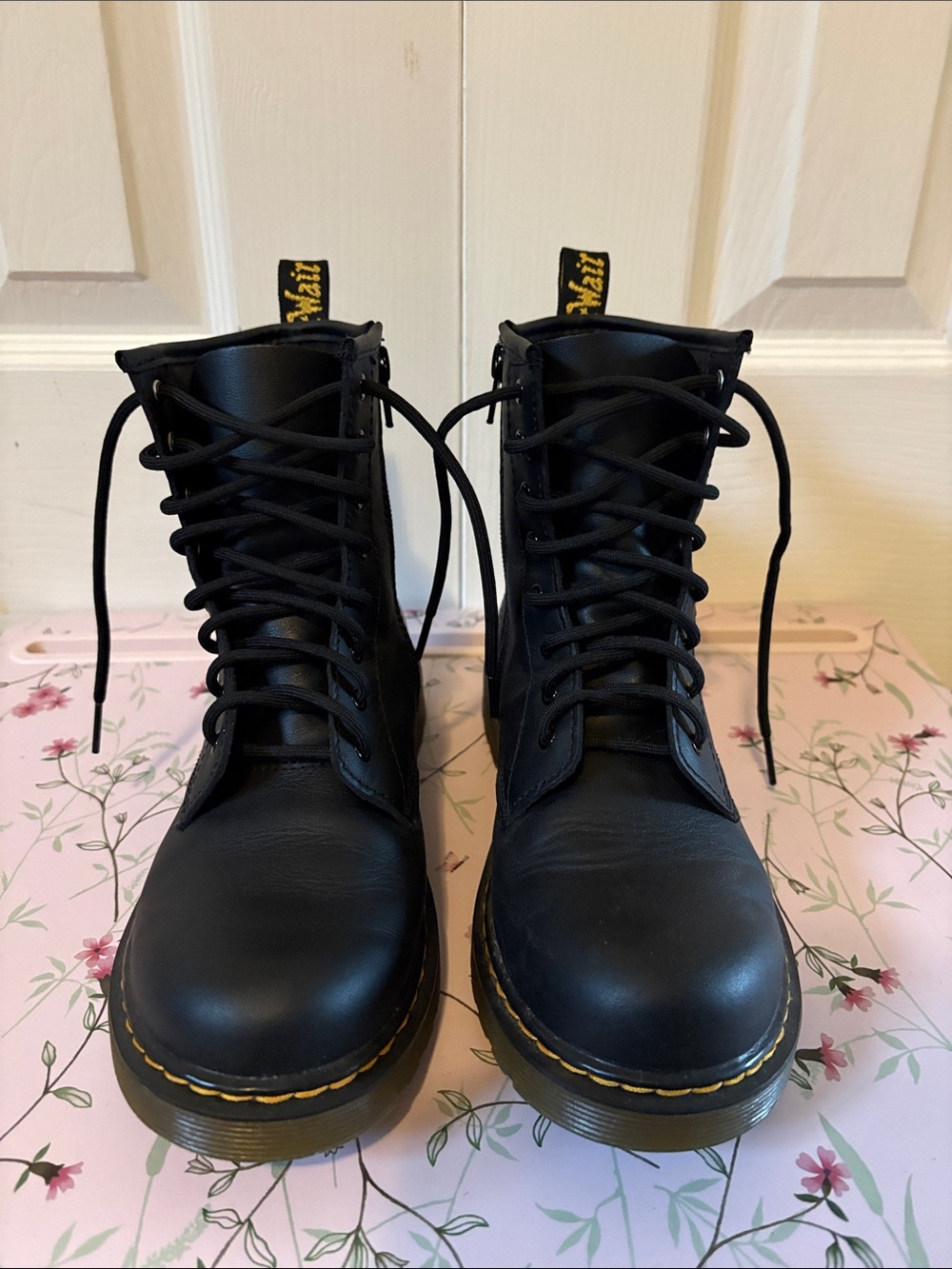 Dr. Martens Black Leather Combat Boots with Yellow Stitching
